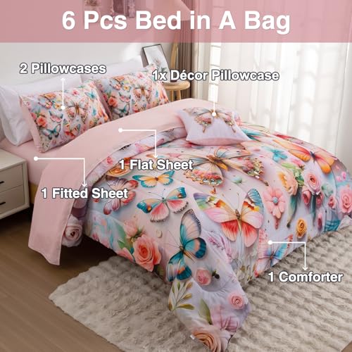 A Nice Night 6pcs Bed in A Bag Pink and Blue Dreamy 3D Various Butterfly Printed, Colorful Butterflies Flying in Flower Design Bedding Full Comforter Set, for Girls Kids Teens A Nice Night