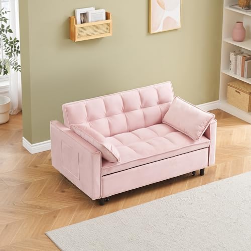 KEIKI Full Size Futon, 3 in 1 Convertible Sleeper with Reclining Backrest, Toss Pillows and Pockets, Small Velvet Loveseat Lounge, Pull-Out for Living Room, Pink KEIKI