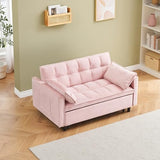 KEIKI Full Size Futon, 3 in 1 Convertible Sleeper with Reclining Backrest, Toss Pillows and Pockets, Small Velvet Loveseat Lounge, Pull-Out for Living Room, Pink KEIKI