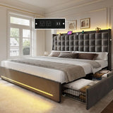 DWVO King Size Bed Frame with 4 Drawers and RGB LED Lights, Velvet Upholstered Platform Bed with Charging Station and Storage Headboard, No Box Spring Needed, Easy Assembly, Noise-Free, Grey DWVO