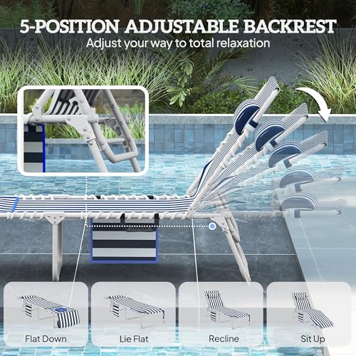 Outsunny Tanning Chair Set of 2 with Face Hole, Side Table, 5-Position Reclining Folding Chaise Lounge Chair Outdoor Lounger Recliner, Carry Straps for Beach Pool Camp, Oxford Fabric, Blue and White
