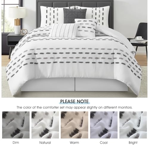 LANCO MODERN LIFESTYLE White Grey 7 Piece Comforter Set, King, Clip Waffle Texture Stripe Design, Soft Polyester Bedding for All Seasons, Includes Bedskirt, Shams and Decorative Pillows LANCO MODERN LIFESTYLE
