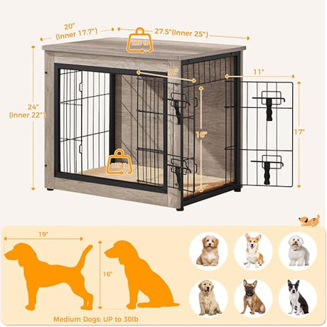 Yaheetech 27.5'' Dog Crate Furniture with Cushion Wooden Dog Crate with Double Doors/Adjustable Feet Side End Table for Small/Medium Dogs, Greige Yaheetech