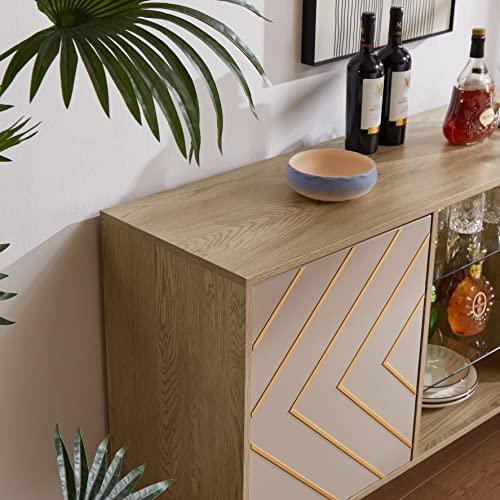 roomfitters Mid Century Modern TV Stand with Storage, Entertainment Center with LED Lights, Sideboard Credenza Buffect Cabinet, Media Console for Living Room (Geometric Grey, Gold Inlayed) roomfitters