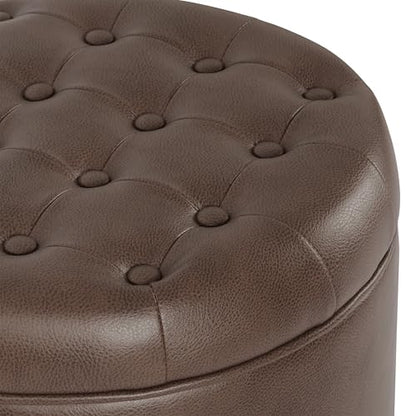 HomePop Home Decor | Upholstered Round Faux Leather Tufted Foot Rest Ottoman | Ottoman with Storage for Living Room & Bedroom | Decorative Home Furniture, Brown Faux Leather