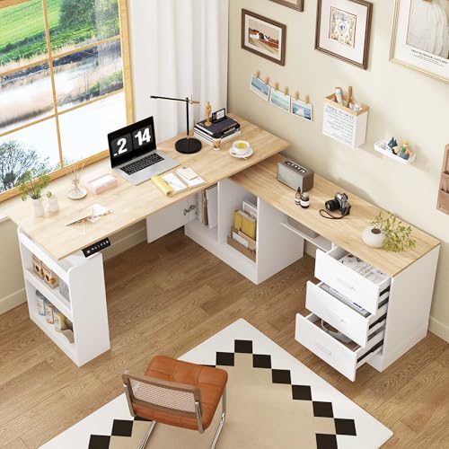 Timechee 63" Large Electric Standing Office Desk with Drawers, Modern Executive Deep L Shaped Computer Raising Stand up Desk with Shelves Storage for Home Office, Adjustable Height, White & Natural Timechee