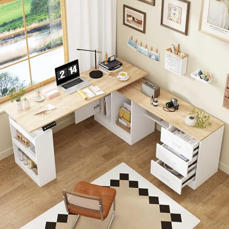 Timechee 63" Large Electric Standing Office Desk with Drawers, Modern Executive Deep L Shaped Computer Raising Stand up Desk with Shelves Storage for Home Office, Adjustable Height, White & Natural Timechee