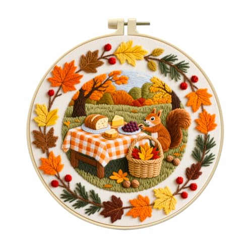 Zhenqing Autumn Picnic Squirrel Embroidery Kit for Beginners - Complete Set with Pre-Printed 29x29cm Cotton Fabric, Hoop, Threads & Tools(C0141)