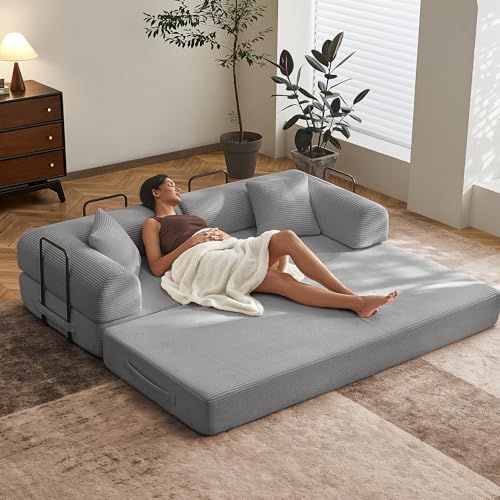 SAVENICA 79" Convertible Floor Sofa Bed, 5-in-1 Modular Sleeper with Removable Parts, No Assembly Corduroy Futon from Sofa to Oversized Bed, Non-Slip Base for Living Room, Dorm (Light Gray) SAVENICA