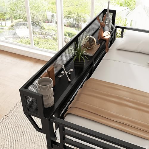 KEIKI Twin Size Metal Loft Bed Frame with Convertible Staircase, Built-in Storage Shelves & Wardrobe, Loft Bed with Solid Slats & Guardrail, No Box Spring Required, Easy Assembly, for Bedroom, Black KEIKI