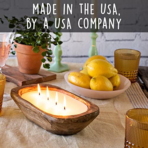 Wooden Dough Bowl Candle 10 Inch, Soy Candle, Farmhouse Candles for Table, Wood Boat 4 Wick, Décor, Unscented - WoodArtSupply