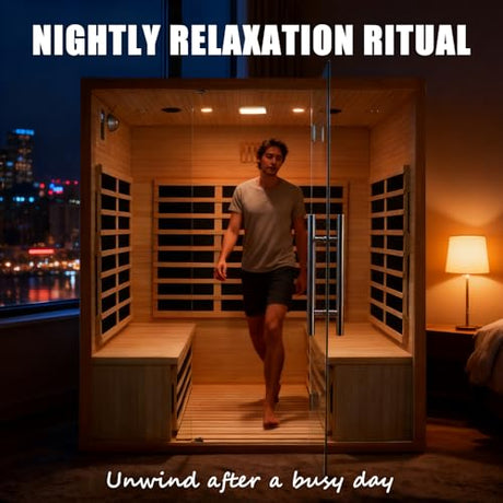 Homsido 3-4 Person Sauna, Hemlock Wooden Indoor Far Infrared Home Sauna Room 11 Low EMF Infrared Carbon Panels with Tempered Glass Door,Bluetooth Speakers 7 Chromotherapy Lights（220V, 2880W） Homsido