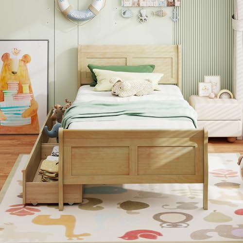 Giantex Twin Bed with 2 Storage Drawers, Wood Platform Bed with Headboard & Footboard, Wooden Slats Support Mattress Foundation, Twin Bed Frames for Kids Teens Adults, No Box Spring Needed (Natural) Giantex