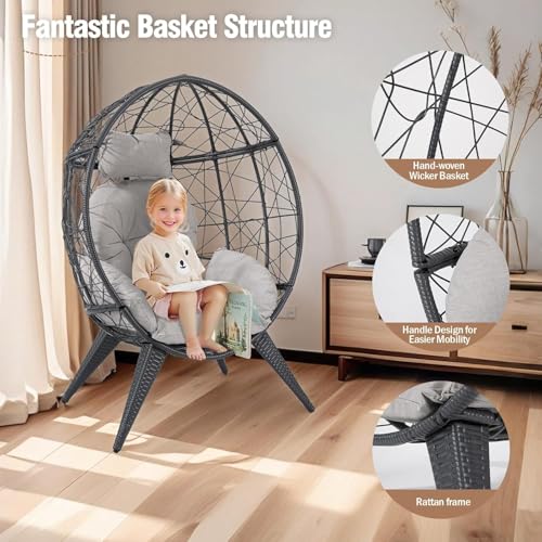 Rattan Egg Chair for Adult, Indoor Outdoor Patio Large Wicker Egg Chair with Overstuffed Cushions, Steel Frame, Boho Nest Seat for Patio, Bedroom, Lawn, Backyard VKUCI