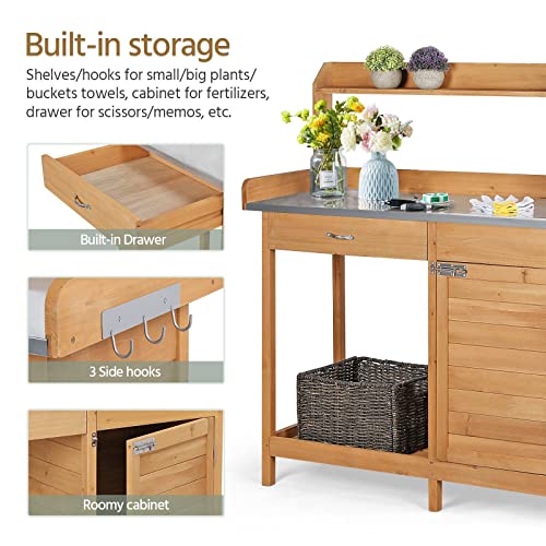 Yaheetech Outdoor Garden Potting Bench Table Work Bench Metal Tabletop W/Cabinet Drawer Open Shelf Natural Wood Yaheetech