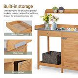 Yaheetech Outdoor Garden Potting Bench Table Work Bench Metal Tabletop W/Cabinet Drawer Open Shelf Natural Wood Yaheetech
