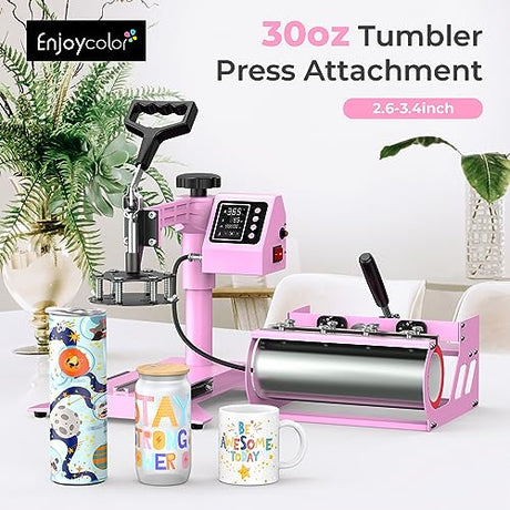 Pro 15x15 Heat Press with 30 OZ Tumbler Attachment, 8in1 Combo Tumbler Heat Press for T-Shirts, Tumblers Glass Cans Mugs Hats, and Plates (Pink) EnjoyColor