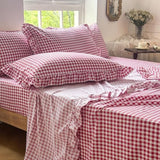 NSNLGSGC Red Gingham Ruffle King Sheet Set, Red Soft Pre-Washed Microfiber Plaid King Bed Sheets, 4-Pieces Farmhouse Sheet Set with Deep Pocket NSNLGSGC