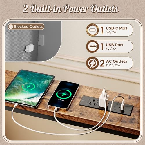 Huuger 78.7 Inch Behind Couch Table with Power Outlets, 23.9’’-34.4’’ Height Adjustable Range, Sofa Tables Narrow Long with USB-C Ports, Skinny Console Table, for Small Spaces, Rustic Brown Huuger