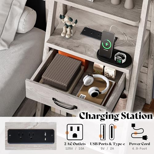 LUXOAK Full Bed Frame with Bookcase Headboard & 4-Tier Bedside Shelf, Farmhouse Platform Bed with Charging Station and 2 Drawers, Noise-Free, No Box Spring Needed, Rustic White LUXOAK
