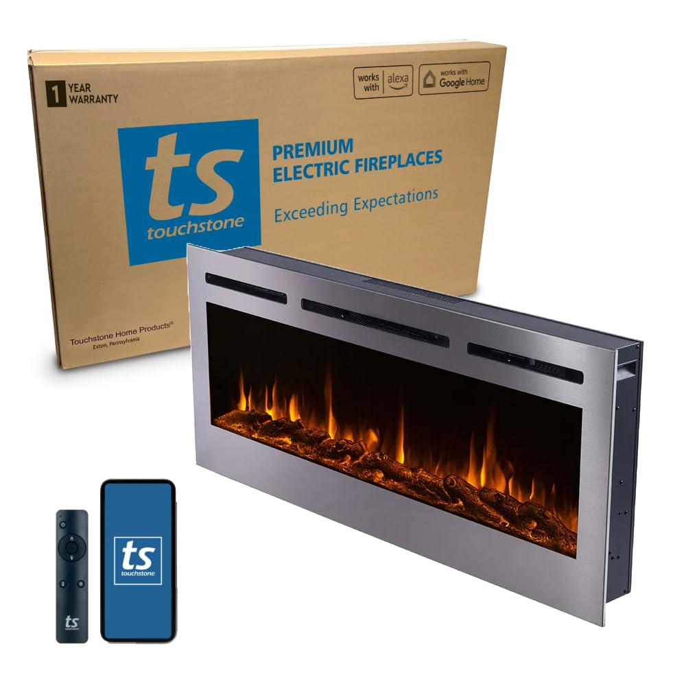 Touchstone Sideline Deluxe -Stainless Steel Smart Electric Fireplace- 50" Wide- Alexa/WiFi-Enabled- in Wall Recessed- 5 Flame Settings- 9 Flame Colors- 1,500W Heater- Log & Crystal Options- 86273 Touchstone