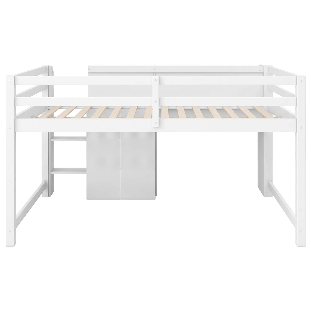 SOFTSEA Full Size Low Loft Bed with Desk & Storage, Solid Wood Loft Bed with Drop-Down Cabinets, Open Shelves & Whiteboard for Kids Juniors Boys Girls, White SOFTSEA