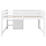 SOFTSEA Full Size Low Loft Bed with Desk & Storage, Solid Wood Loft Bed with Drop-Down Cabinets, Open Shelves & Whiteboard for Kids Juniors Boys Girls, White SOFTSEA