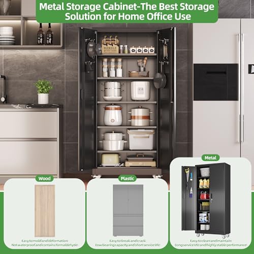 Reemoon 71" H Garage Storage Cabinets with 5 Adjustable Shelves and Door Pegboard,Metal Storage Cabinets with Wheels for Garage Home,Required Assembly,Black Reemoon
