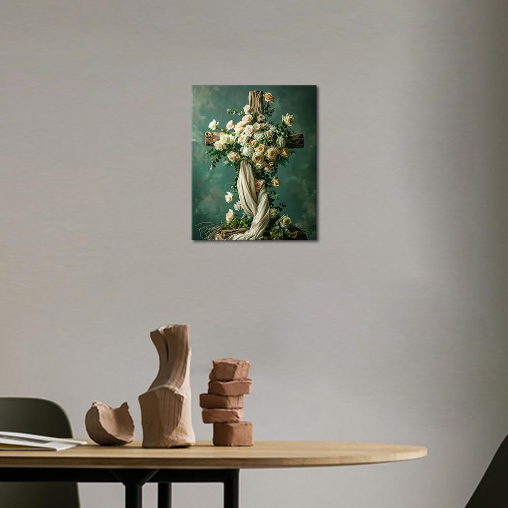 TUMOVO Cross Paint by Number, Elegant Floral Cross and White Roses Adults' Paint-by-Number Kits, Flowers DIY Oil Painting with Brushes and Pigment, Roses Paint by Numbers, 16x20 Inch TUMOVO