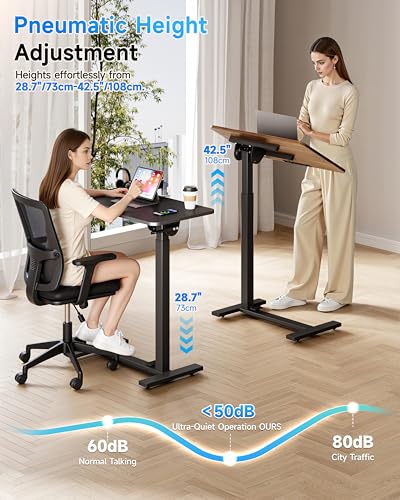 BIZUM Mobile Standing Desk Laptop Desk Pneumatic with Wheels 180° Tilt Top Hospital Bed Table Portable Rolling Cart Foldable Bedside Table for Hospital&Home Use, Walnut BIZUM