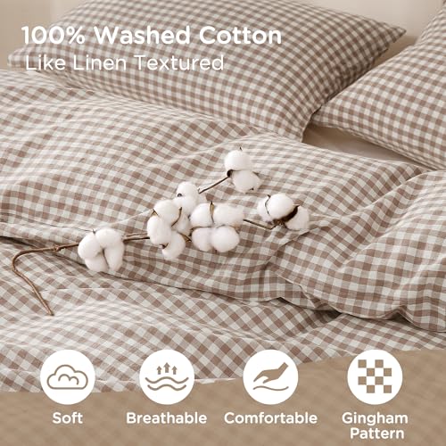TOCOMOA Tan Gingham Duvet Cover Bedding Set 100% Washed Cotton Like Linen Feel Super Soft Comfy 3 Piece Brown Vintage Plaid Checkered Fall Comforter Cover Set (King 104"x90", Comforter Not Included) TOCOMOA