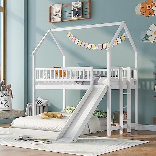 Twin Over Full House Bunk Beds with Slide,Kids Bunk Beds with House Shape and Slide,Solid Wooden House Bunk Bed with Slide and Built-in Ladder, Full-Length Guardrail for Kids Teens Girls Boys.(White) Bellemave