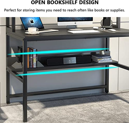 Aquzee 47-Inch Modern Ergonomic Computer Desk with Hutch and Storage Shelves in Black - WoodArtSupply