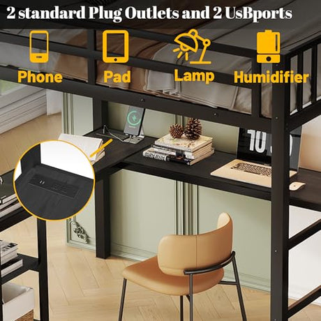Full Size Loft Bed with Desk and Stairs Metal Full Loft Bed with Storage Wardrobe and Charging Station Adult Loft Bed with LED Lights and Adjustable Shelf for Kids Teens, Black Mirightone