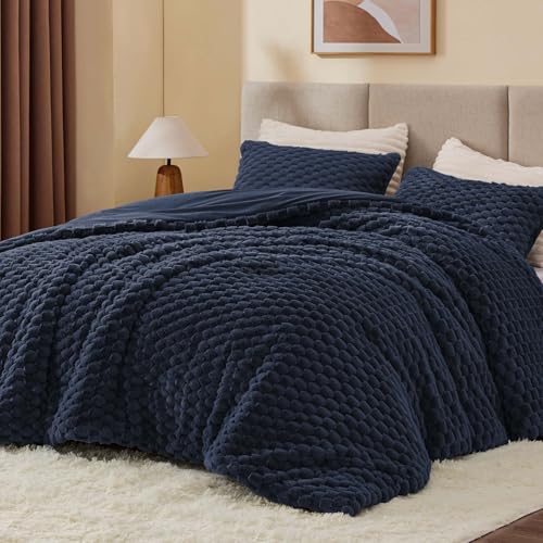 BEDELITE Fluffy Queen Comforter Set - Navy Blue Fleece Soft Comforter for Queen Size Bed, Luxury Warm Bedding Set for Winter, Fuzzy Bed Set 3 Pieces (1 Comforter, 2 Pillowcases) BEDELITE
