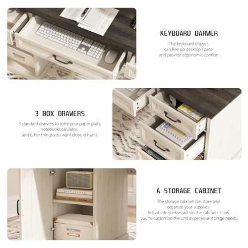 CARPETNAL 58'' Farmhouse Executive Desk with Drawers, Home Office Desk with File Drawer and Storage Cabinet, Rustic Computer Desk for Working, Studying, Writing, White CARPETNAL