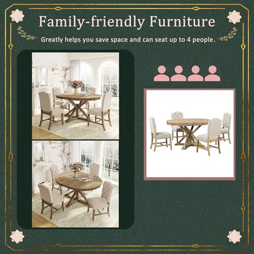 Bellemave Extendable Dining Table Set for 4, 5-Piece Round Table Set with 4 Chairs, Circle Table with Upholstered Chairs, Oval Kitchen Table Set with Extendable Table (Natural Wood Wash) Bellemave