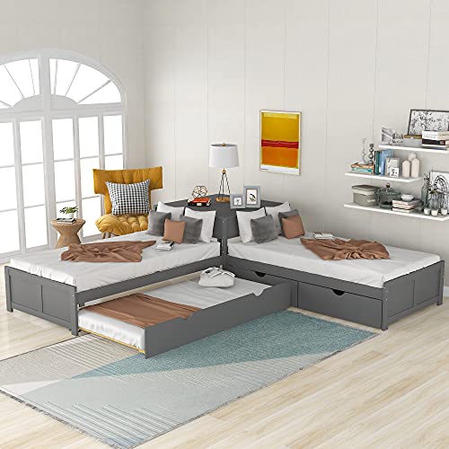 Merax L-Shaped Platform Bed with Trundle, Drawers and Built-in Desk, Wood Bed for Teens, L Shaped Twin Bed, Grey Merax