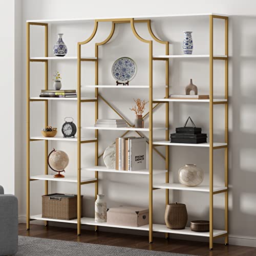 Loomie Gold & White Triple Wide Bookshelf with 13 Open Shelves - Modern Etagere Bookcase for Any Room Loomie