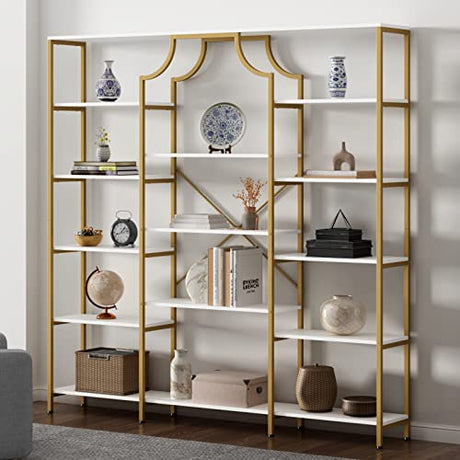 Loomie Gold & White Triple Wide Bookshelf with 13 Open Shelves - Modern Etagere Bookcase for Any Room Loomie