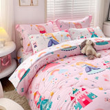 Wajade Kids Pink Princess Comforter Set Bed in A Bag Queen Size 7 Piece Princess Fairy Tales Castle Bedding Set for Girl (1 Comforter, 1 Flat Sheet, 1 Fitted Sheet, 2 Pillowcase and 2 Pillow Sham) Wajade