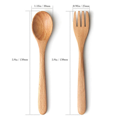 YFWOOD 4-Pieces Natural Wooden Children's Safe Flatware, 2 x Child Forks, 2 x Children Spoons, Kids Utensils Set Hand polishing Anti-slip Portable and ultra light