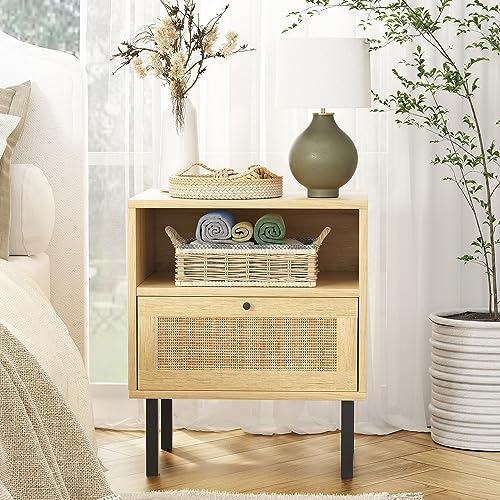 Boho Rattan Nightstands Set of 2 with Door, Open Shelf & Metal Legs