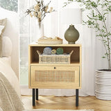 Boho Rattan Nightstands Set of 2 with Door, Open Shelf & Metal Legs Angel Sar
