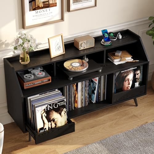 55 Inch Record Player Stand with LED Light, Modern Vinyl Record Storage Cabinet with 2 Drawers & Open Shelves, Holds up to 500 Albums, Turntable Stand w/Charging Station for Living Room Bedroom Black ONBRILL