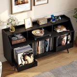 55 Inch Record Player Stand with LED Light, Modern Vinyl Record Storage Cabinet with 2 Drawers & Open Shelves, Holds up to 500 Albums, Turntable Stand w/Charging Station for Living Room Bedroom Black ONBRILL