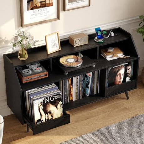 55 Inch Record Player Stand with LED Light, Modern Vinyl Record Storage Cabinet with 2 Drawers & Open Shelves, Holds up to 500 Albums, Turntable Stand w/Charging Station for Living Room Bedroom Black ONBRILL