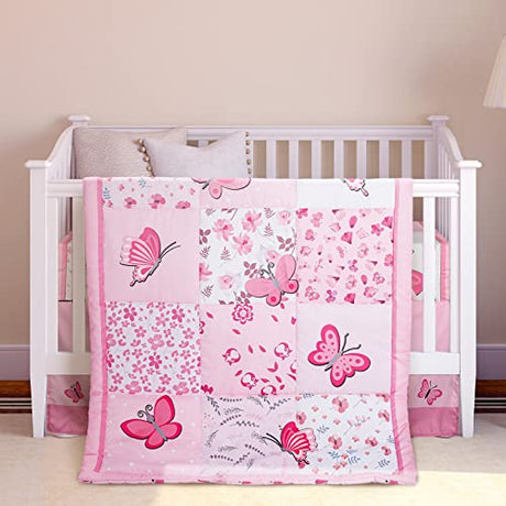 Tudomro 3 Pieces Butterfly Nursery Crib Bedding Set for Girls, Standard Size Bedding Sets with Comforter Fitted Sheet Crib Skirt(Pink) Tudomro