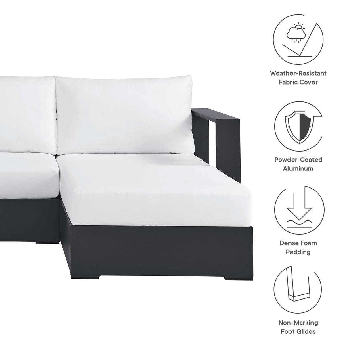 Modway Tahoe Modular Aluminum 3-Piece Outdoor Patio Furniture Gray White, Right-Facing Sectional Sofa Set with Weather-Resistant Cushions, Ideal for Deck, Backyard, Poolside Modway