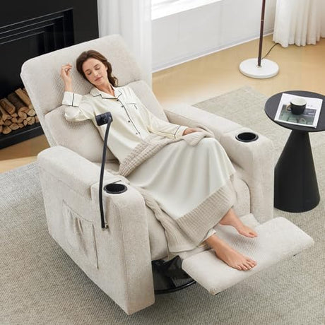 ABCASA Power Recliner Rocking Chair Nursery Glider, Swivel Reclining Nursery Rockers for Baby Room & Living Room, Chenille Chair with Phone Holder, USB/Type-C Ports, Arm Storage, Light Brown ABCASA